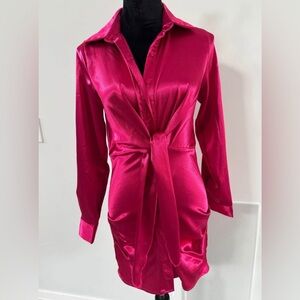 Elegant Fuchsia Satin Tie-Front Dress